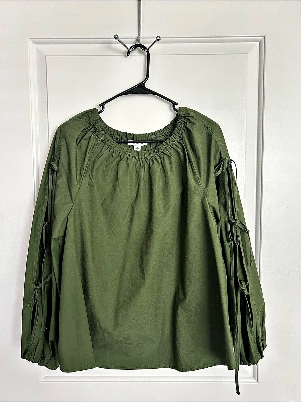 Free Assembly Women's Off-the-Shoulder Tie Sleeve Cotton Blouse Cotton Balloon